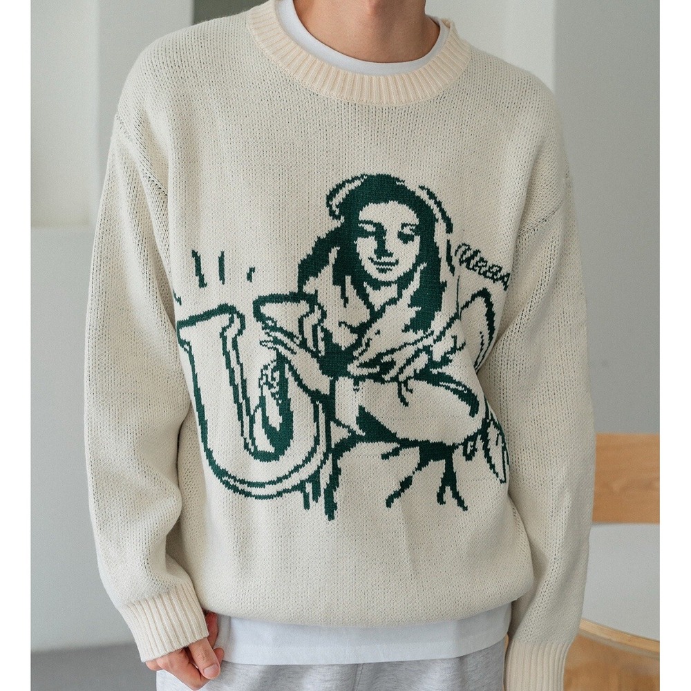 DAZY Men S Figure & Letter Pattern Drop Shoulder Fall Sweater Urban‎ Streetwear